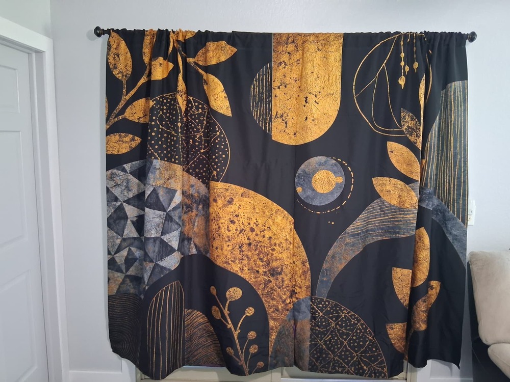 Gold Black Botanical Abstract Window Curtains